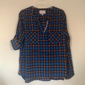 EUC tab sleeve, blue plaid blouse